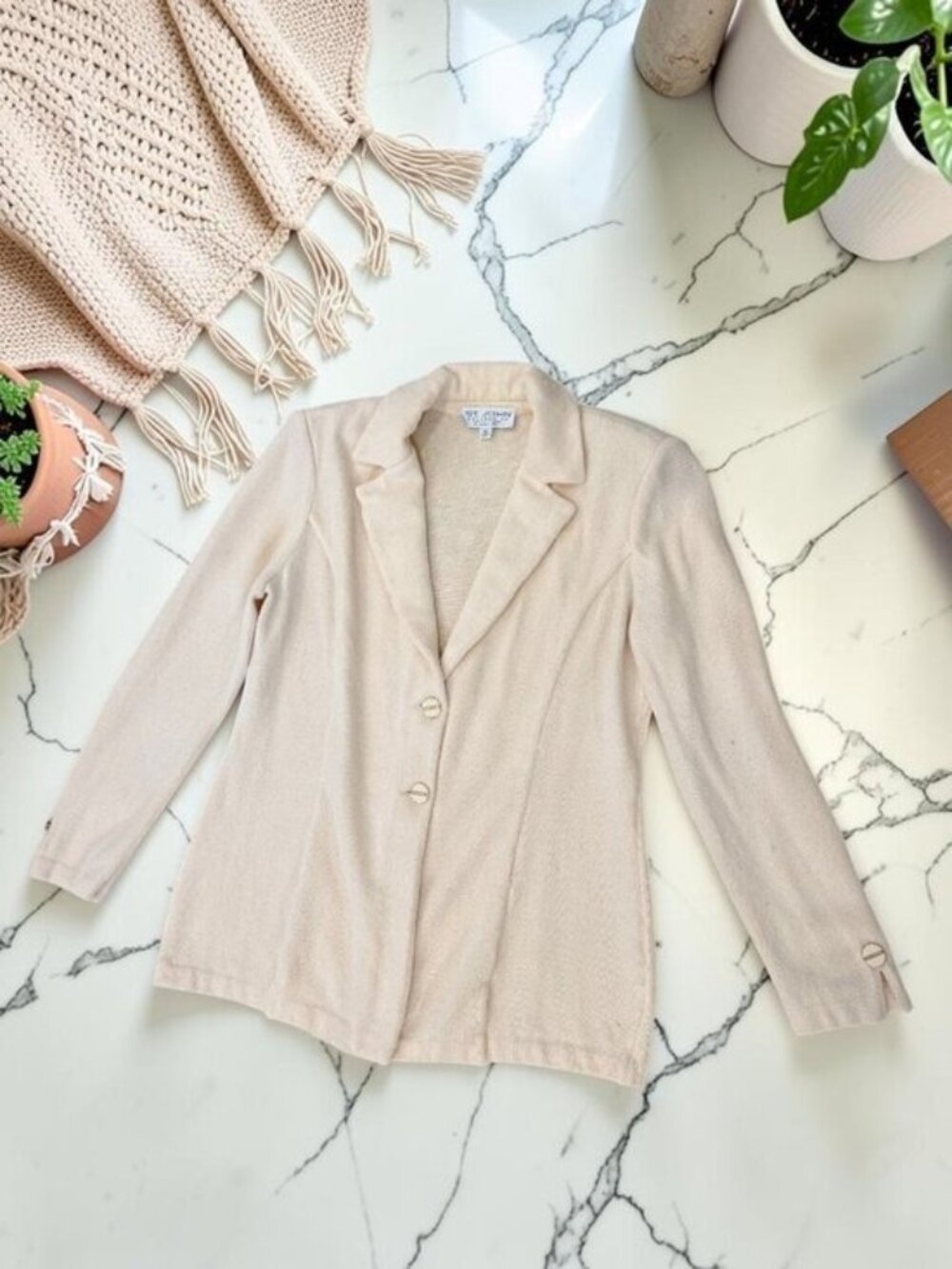 St. John Vintage Santana Knit Button Down Blazer Jacket Size 14 Ivory Cream